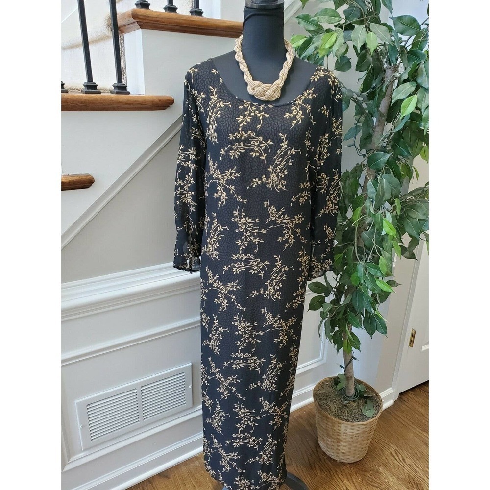 Style & Co. Black Floral Polyester Long Sleeve Scoop Neck Long Maxi Dress